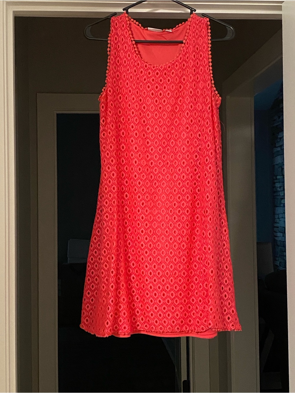 Kim Rogers Bright Coral Crochet Sleeveless Shift Dress